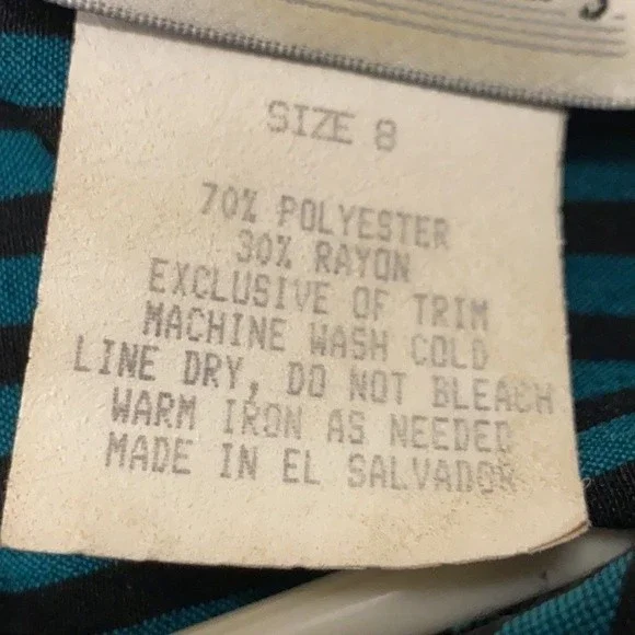 80s Miss Dorby DressTie Back Midi Black Green striped short sleeves size 10 - Picture 12 of 15